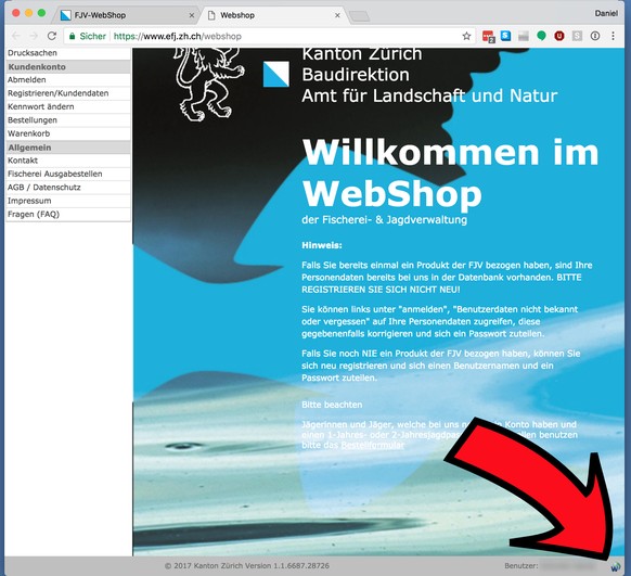 Webshop Fischerei- und Jagdverwaltung Kanton Zürich (FJV).
Screenshot: https://www.efj.zh.ch/webshop (2. Mai 2018)