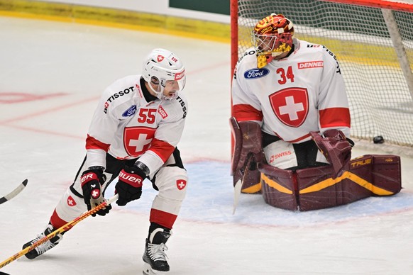 Czech Hockey Games, part of Euro Hockey tour series match Switzerland vs Finland in Ceske Budejovice, May 2, 2026. From left Romain Loeffel of Switzerland, Stephane Charlin, goalie of Switzerland. CTK ...