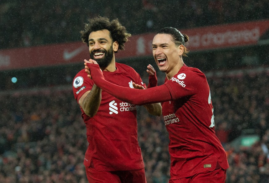 epa10505968 Liverpool&#039;s Darwin Nunez celebrates after scoring the fifth goal with Mohamed Salah (L) during the English Premier League soccer match between Liverpool FC and Manchester United in Li ...