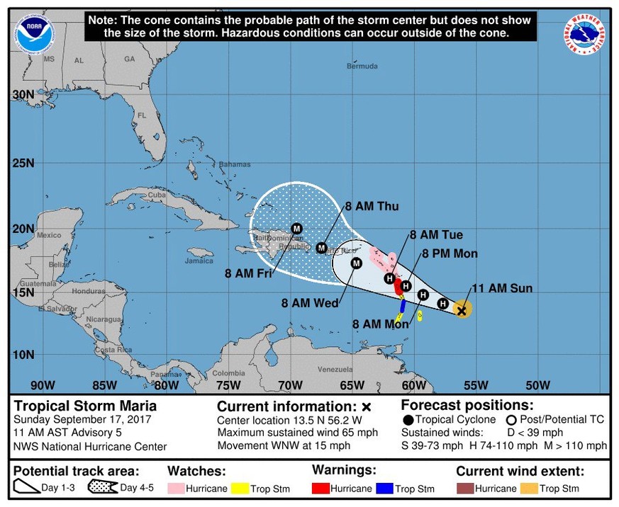 epa06210866 A handout graphic made available by National Hurricane Center shows the location and possible track of tropical storm Maria, Atlanic Ocean, 17 September 2017. Tropical storm Maria is expec ...
