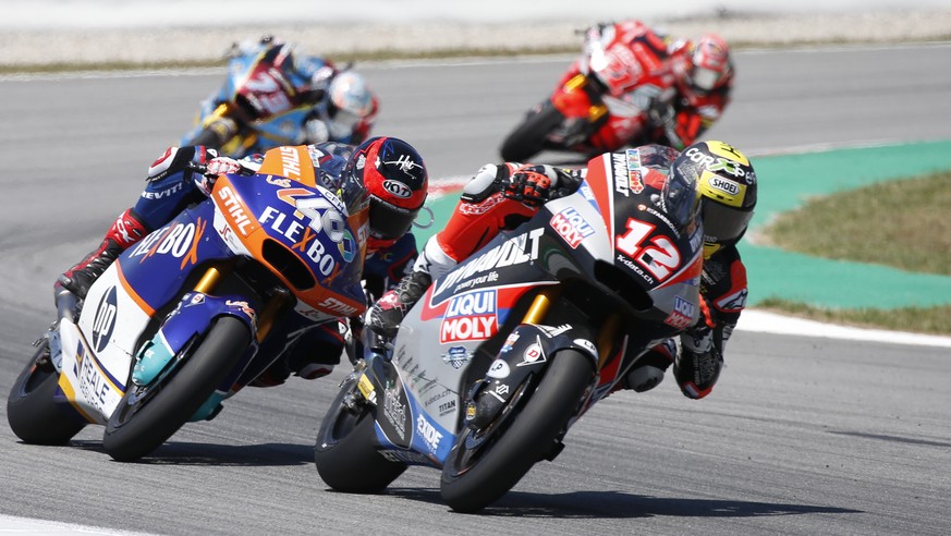 Moto2 rider Thomas Luthi of Switzerland leads the pack during the Catalunya Motorcycle Grand Prix at the Barcelona Catalunya racetrack in Montmelo, near Barcelona, Spain, on Sunday June 16, 2019. (AP  ...