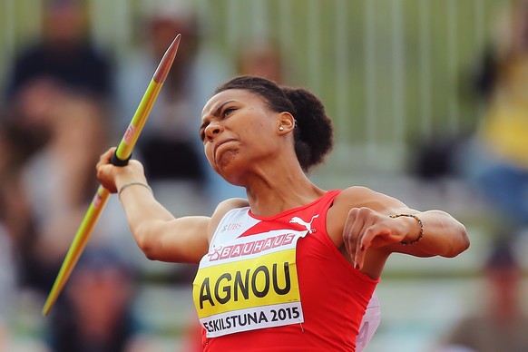 ESKILSTUNA, SWEDEN - JULY 17: Caroline Agnou of Switzerland competes during the Women&#039;s Heptathlon Javelin Throw at Ekangen Arena on July 17, 2015 in Eskilstuna, Sweden. (Photo by Joosep Martinso ...