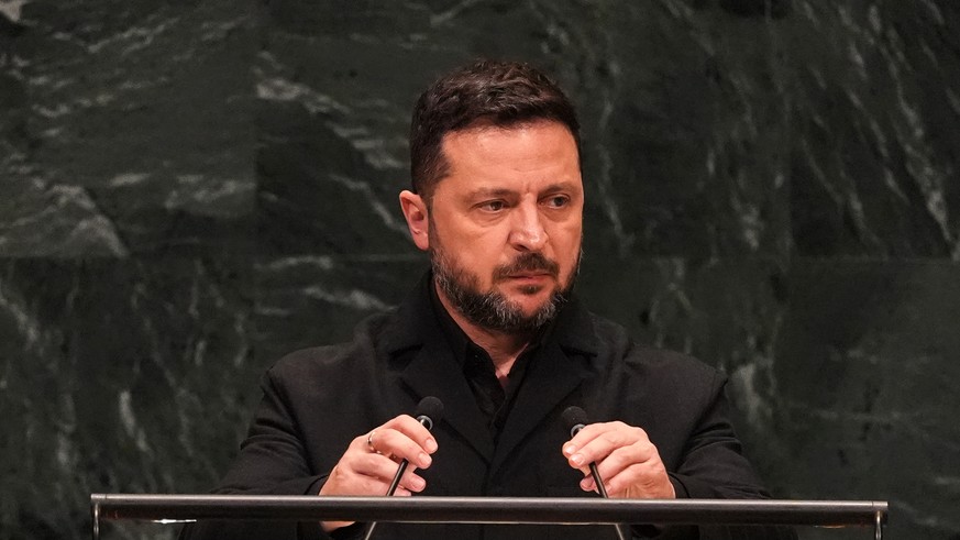 Ukraine's President Volodymyr Zelenskyy speaks during the 81st session of the United Nations General Assembly at United Nations headquarters, Wednesday, Sept. 23, 2026. (AP Photo/Heather Khalifa) ...