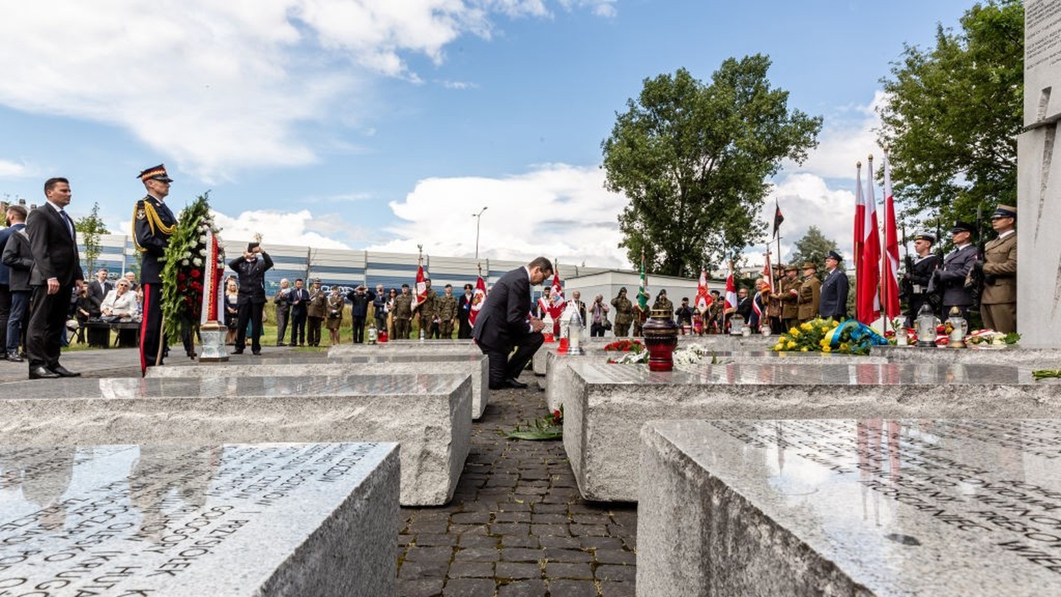 Mateusz Morawiecki, Prime Minister of Poland, lays flowers during the National Day of Remembrance of the Victims of the Genocide of the Citizens of the Polish Republic committed by Ukrainian nationalists d…
