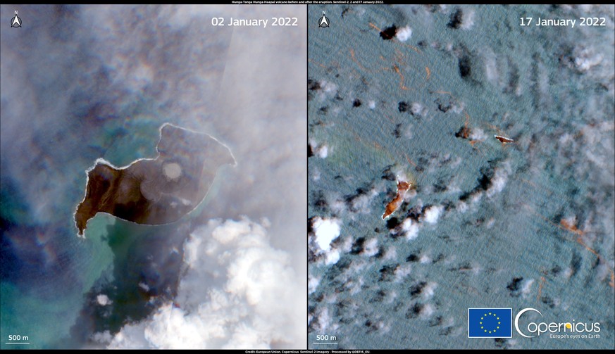Die Auswirkungen des Vulkanausbruchs des Hunga Tonga-Hunga Ha'apai. Rechts eine Aufnahme vor dem Ereignis, links ein Bild nach der gewaltigen Eruption.