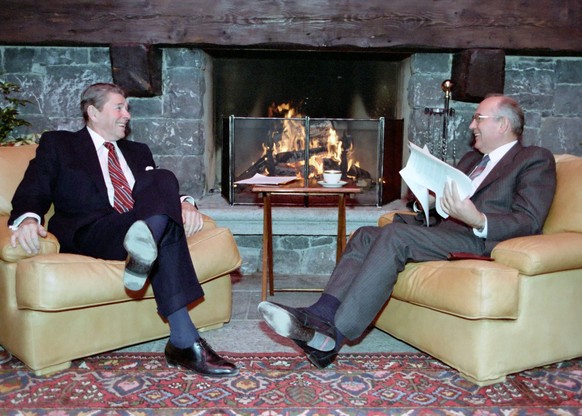 A handout image released by Ronald Reagan Presidential Library dated 19 November 1985 shows US President Ronald Reagan and Soviet General Secretary Mikhail Gorbachev (R) at the first Summit in Geneva, ...