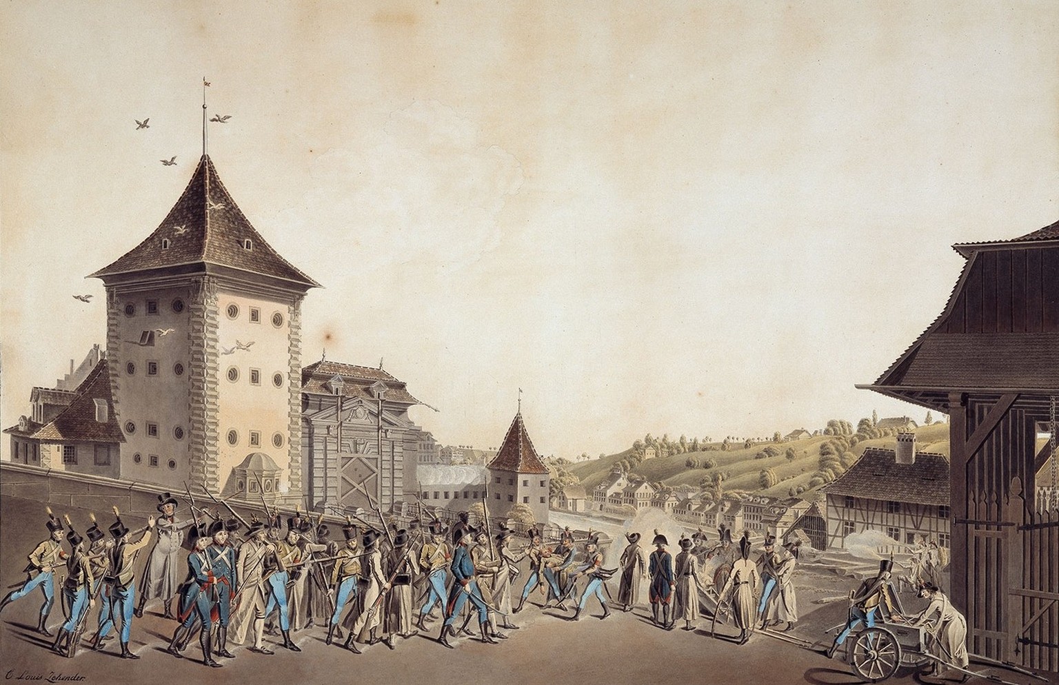 Die Belagerung Berns, gezeichnet von Karl Ludwig Zehender. Die Föderalisten sind militärisch immer besser organisiert. Die Soldaten sind häufig kampferprobte ehemalige Söldner, die sich mittlerweile i ...
