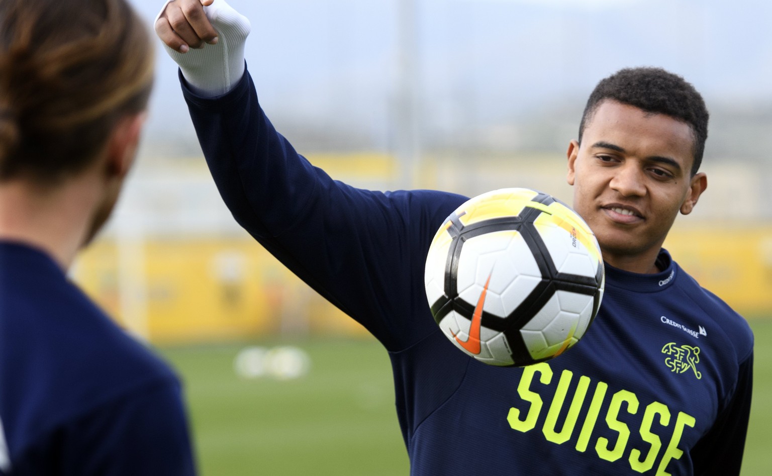 epa06618225 Swiss player Manuel Akanji attends a training session of the Swiss national soccer team, in Athens, Greece, 21 March 2018. Switzerland will play Greece on March 23 in an international frie ...