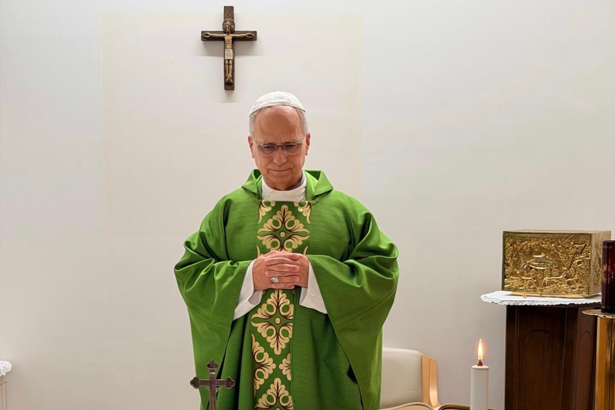 This picture, released by Vatican Media on Friday, Oct. 16, 2026, shows Pope Leo XIV celebrating Mass at the Agostino Gemelli Polyclinic in Rome, where he is recovering after having cancer removed fro ...