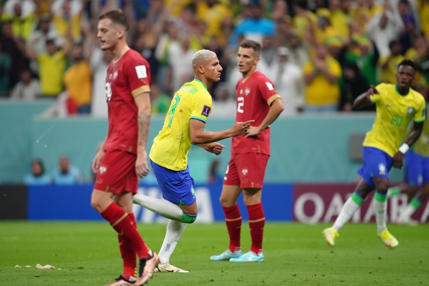 Brazil v Serbia - FIFA World Cup, WM, Weltmeisterschaft, Fussball 2022 - Group G - Lusail Stadium Brazil s Richarlison celebrates scoring their side s second goal of the game during the FIFA World Cup ...