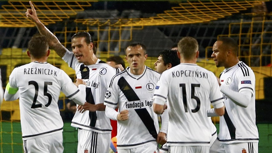 Football Soccer - Borussia Dortmund v Legia Warszawa - Champions League - Signal Iduna Park, Dortmund, Germany - 22/11/16 - Warszawa's Aleksandar Prijovic celebrates with team mates after he scor ...