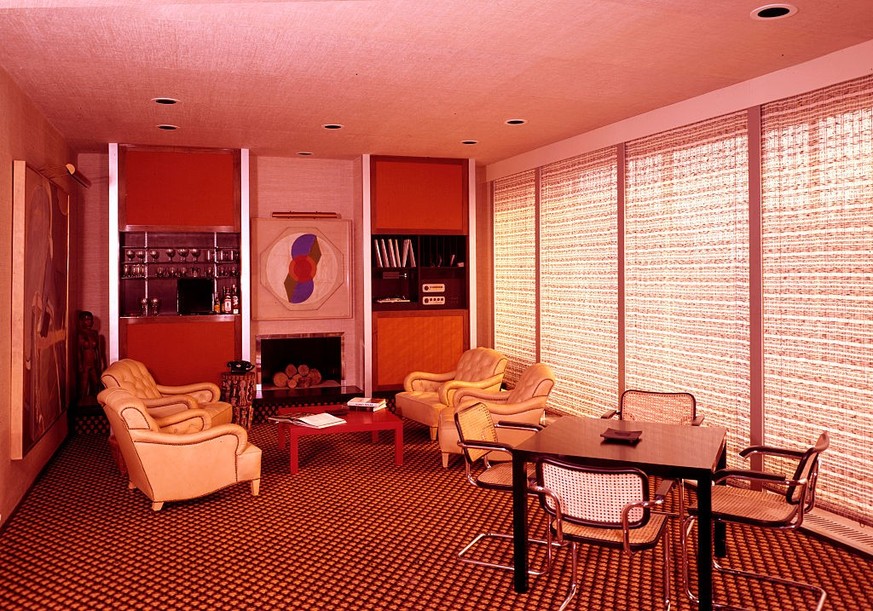 1969 living room: Interior with record player and radio, drinks cabinet and African sculptures. Creator: Arthur Charles Kirby Ware. (Photo by Ware in the World/Heritage Images via Getty Images)