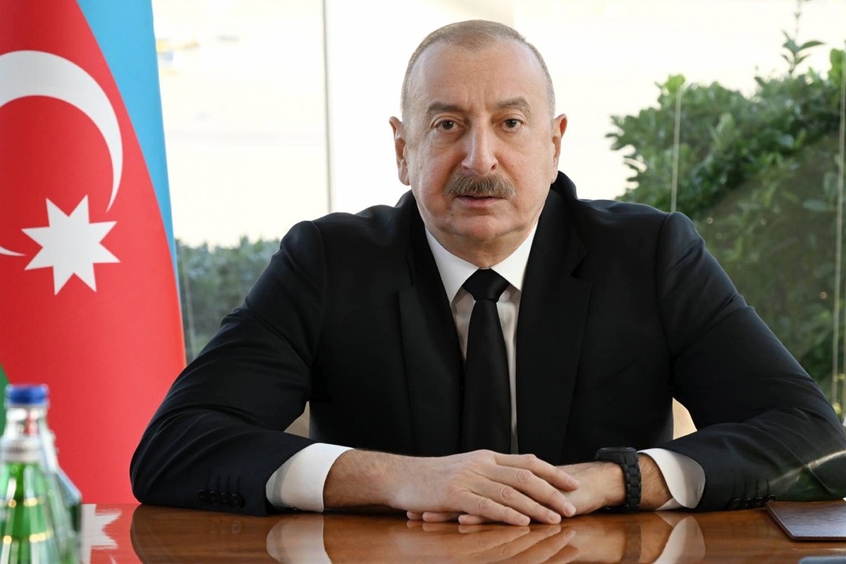 In this photo provided by Azerbaijan's Presidential Press Office, Azerbaijani President Ilham Aliyev holds a meeting in Baku, Wednesday, Dec. 25, 2024 following an Azerbaijan Airlines Embraer 190 ...