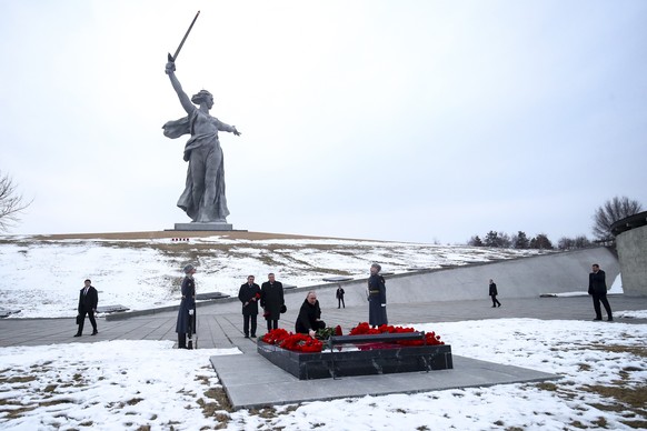 Russian President Vladimir Putin lays flowers at the memorial of Marshal of the Soviet Union Vasily Chuikov while attending commemorations marking the 80th anniversary of the Soviet victory in the bat ...
