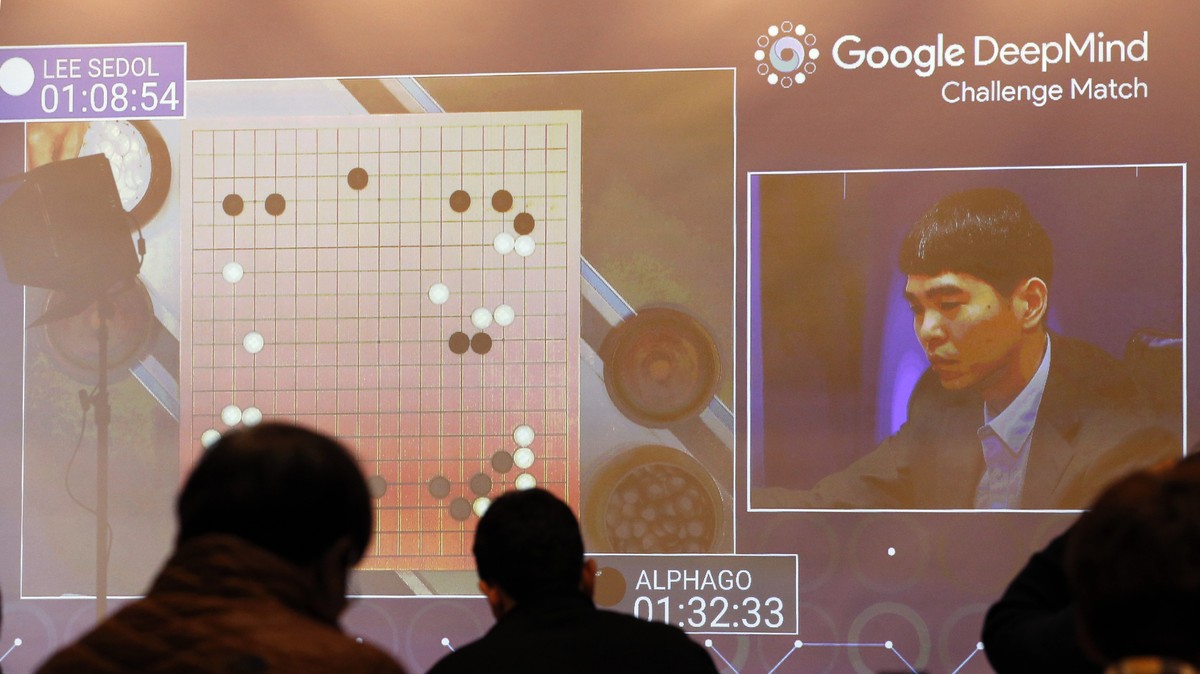 South Korean professional Go player Lee Sedol, right, appears on the screen during the second match of the Google DeepMind Challenge Match against Google's artificial intelligence program, AlphaG ...