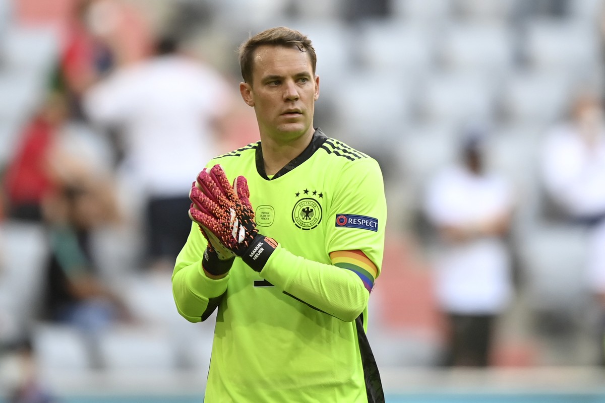 Germany's goalkeeper Manuel Neuer walks on the pitch during the Euro 2020 soccer championship group F match between Portugal and Germany at the Football Arena stadium in Munich, Germany, Saturday ...