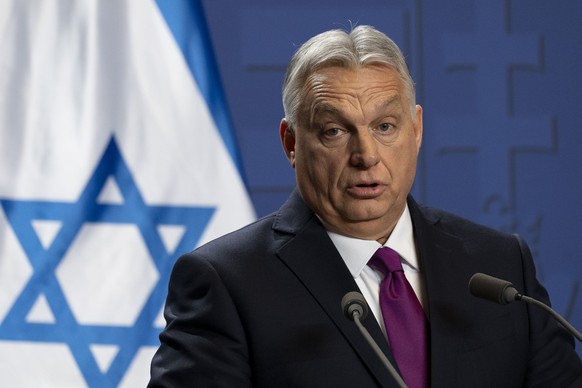 Hungarian Prime Minister Viktor Orban speaks during a press statement at the Carmelite Monastery in the Buda Castle in Budapest, Hungary, Thursday, April 3, 2025. (AP Photo/Denes Erdos)
Hungary Israel ...