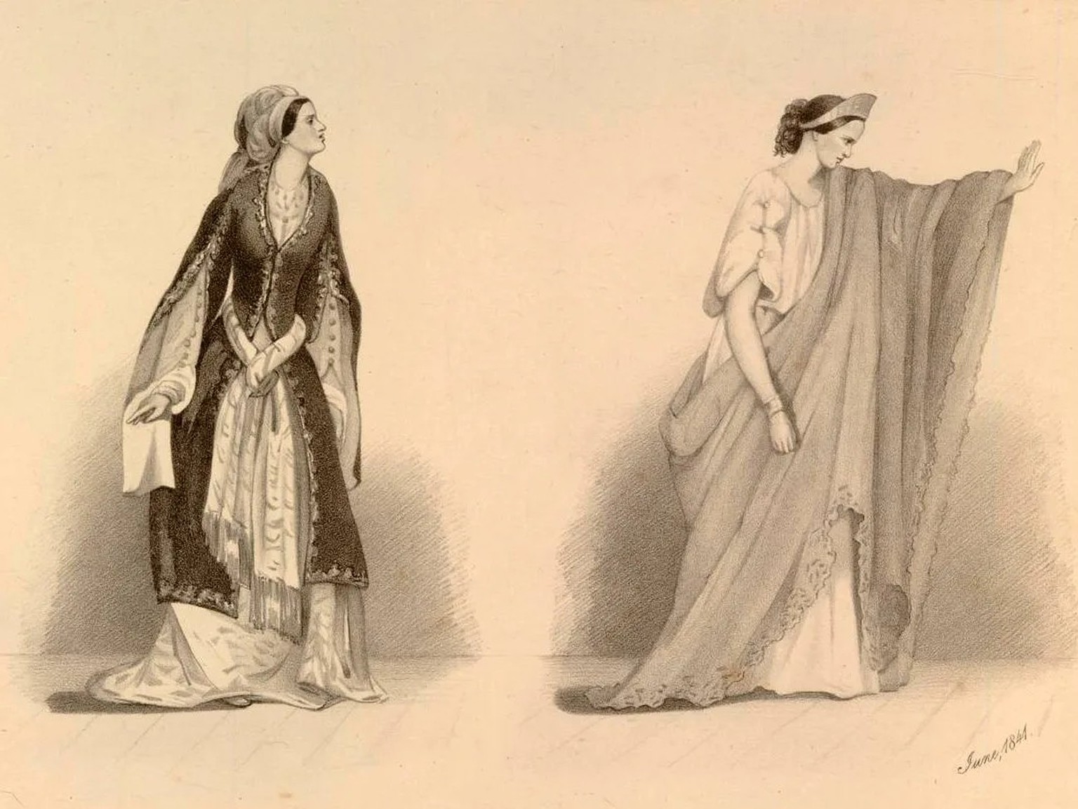 Rachel in den Rollen der Roxane in Bajazet (links) und der Hermione in Andromaque (rechts), Lithografien von 1841.
https://commons.wikimedia.org/wiki/File:Print_(BM_1906,0419.113).jpg