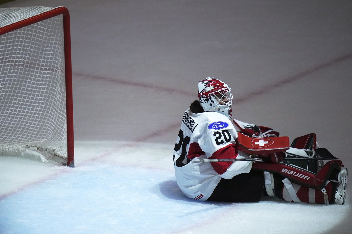 Andrea Braendli of Switzerland sits on ice during the quarterfinal match between Czech Republic and Switzerland at the Women's Ice Hockey Championships in Ceske Budejovice, Czech Republic, Thursd ...