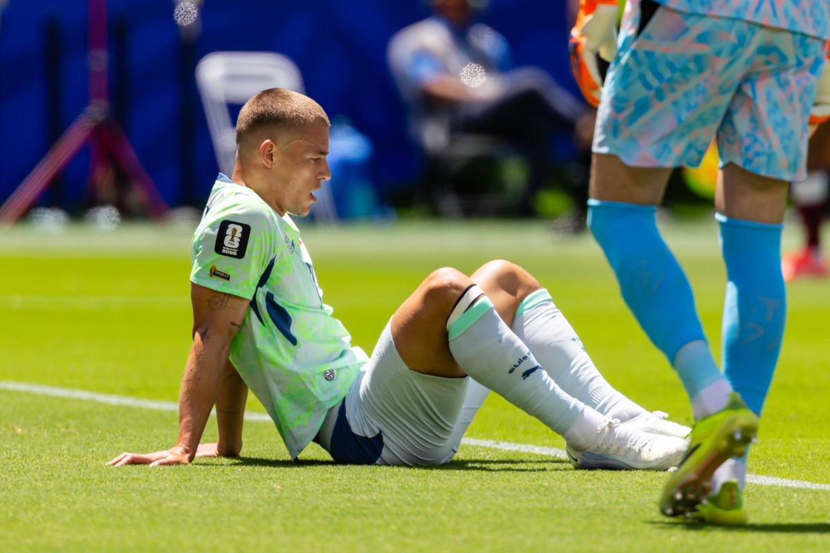 SANTA CLARA, CA - JUNE 13: Miro Muheim 2 of Switzerland sits on the floor after a Qatar goal in the second half of the FIFA World Cup, WM, Weltmeisterschaft, Fussball 2026 Group B match between Qatar  ...