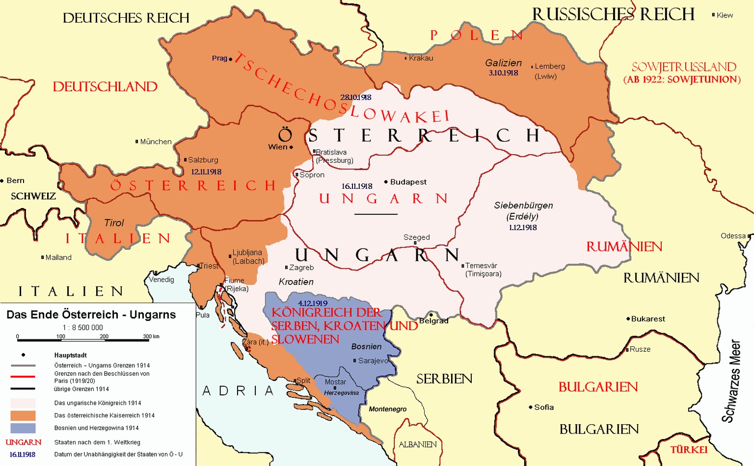 Innert kürzester Zeit fällt Österreich-Ungarn zum Ende des 1. Weltkrieges in sich zusammen.&nbsp;