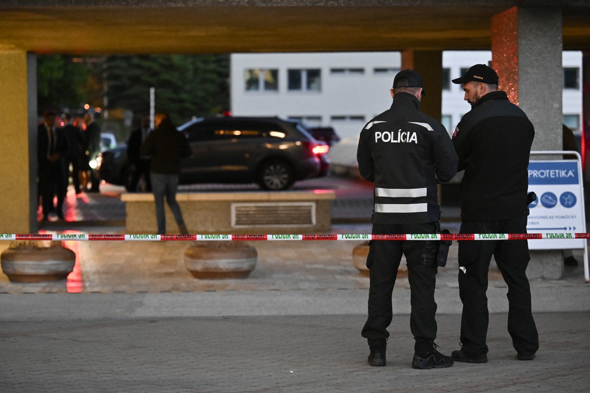 A police line is placed outside the entrance of the F. D. Roosevelt University Hospital, where Slovak Prime Minister Robert Fico, who was shot and injured, is treated in Banska Bystrica, central Slova ...