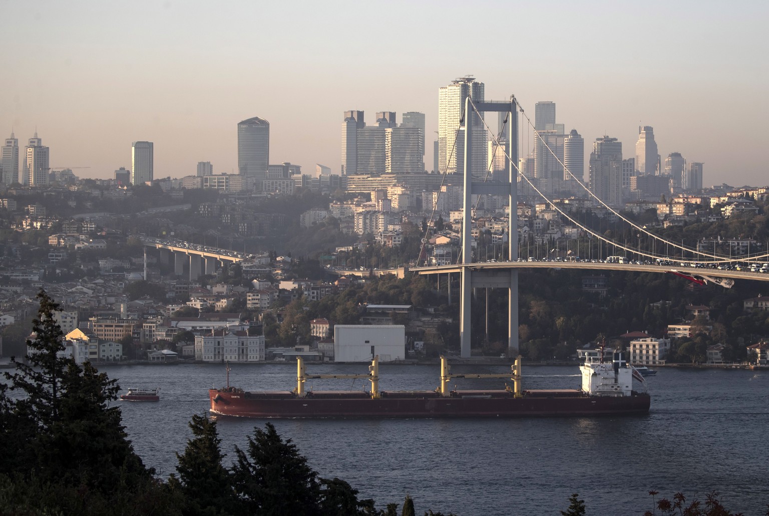 epaselect epa10281688 Cargo ship Zante, carrying Ukranian grain, sails on the Bosphorus Strait in front of the 15 July Martyrs Bridge, in Istanbul, Turkey, 02 November 2022. On 02 November Russian Def ...