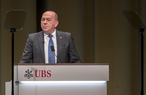 epa07542002 Axel A. Weber, Chairman of the Board of Directors of Swiss Bank UBS, speaks during the general assembly of the UBS in Basel, Switzerland, during the general assembly of the UBS in Basel, S ...