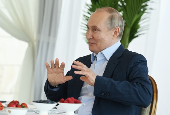 epa10681356 Russian President Vladimir Putin and Belarusian President Alexander Lukashenko (unseen) during their meeting at the Bocharov Ruchei residence in the resort town of Sochi, Russia June 09, 20…