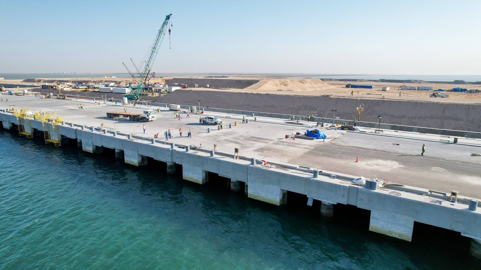 Construction of the Grand Faw Port continues in Iraq s Basra BASRA, IRAQ - APRIL 23: An aerial view of Al Faw Grand Port as the Development Road Project, a Memorandum of Understanding for Joint Cooper ...