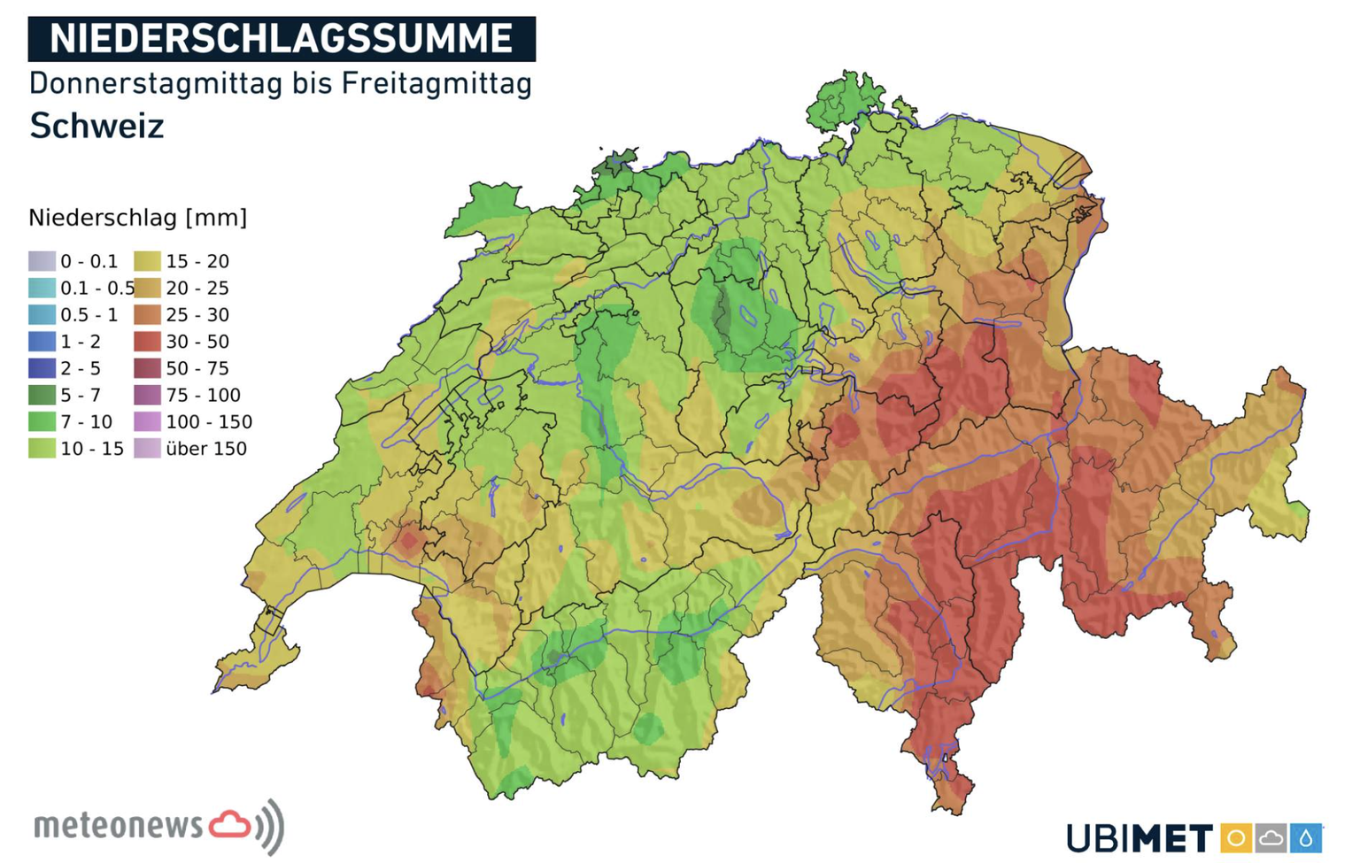Wetter Schweiz: Erwartete Niederschlagssumme bis Freitagmittag.