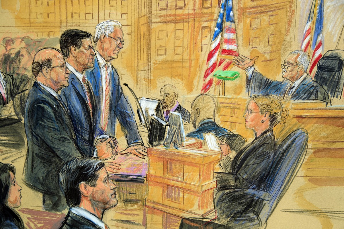This courtroom sketch depicts former President Donald Trump's former national security adviser Michael Flynn, standing center, flanked by his lawyers, listening to U.S. District Judge Emmet Sulli ...