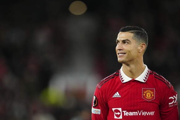 FILE - Manchester United&#039;s Cristiano Ronaldo smiles before the start of the Europa League group E soccer match between Manchester United and Sheriff at Old Trafford in Manchester, England, Thursd ...