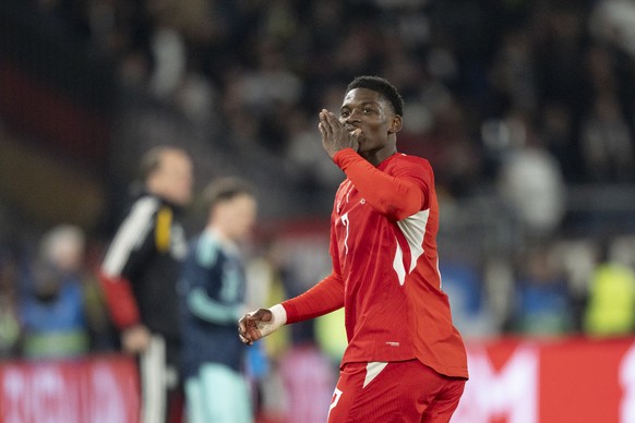 epa12855241 Switzerland's Breel Embolo, celebrates after scoring during a friendly soccer match between Switzerland and Germany at the St. Jakob-Park stadium in Basel, Switzerland, 27 March 2026. ...