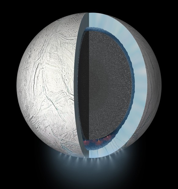 This artist's rendering showing a cutaway view into the interior of Saturn's moon Enceladus. NASA's Cassini spacecraft discovered the moon has a global ocean and likely hydrothermal act ...