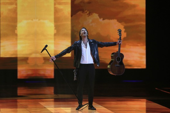 epa07582720 Contestant Victor Crone of Estonia perform &#039;Storm&#039; during the Grand Final of the 64th annual Eurovision Song Contest (ESC) at the Expo Tel Aviv, in Tel Aviv, Israel, 18 May 2019. ...