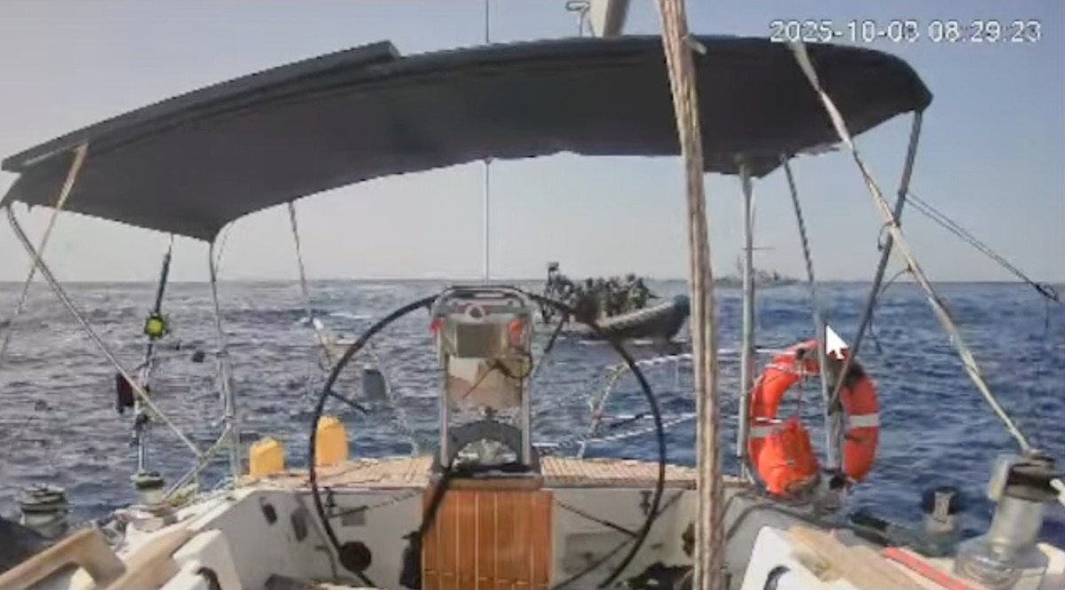 This frame grab from video released by the Global Sumud Flotilla shows Israeli forces intercepting 'Marinette', the last boat from an international flotilla trying to break Israel's sea ...