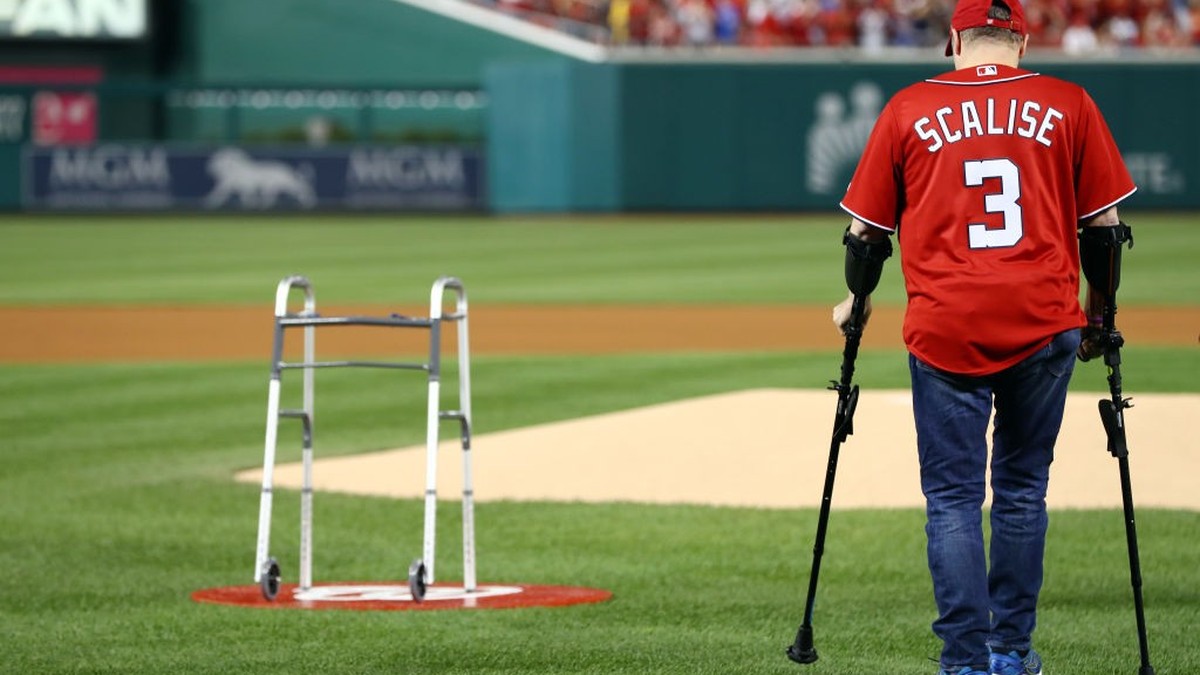 WASHINGTON, DC - OCTOBER 6: United States House of Representatives Majority Whip Steve Scalise throws out the ceremonial first pitch prior to Game 1 of the National League Division Series between the  ...