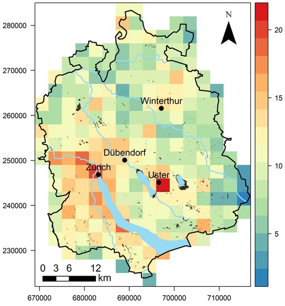 Je röter das Gebiet, desto mehr haben sich Neophyten durchgesetzt.