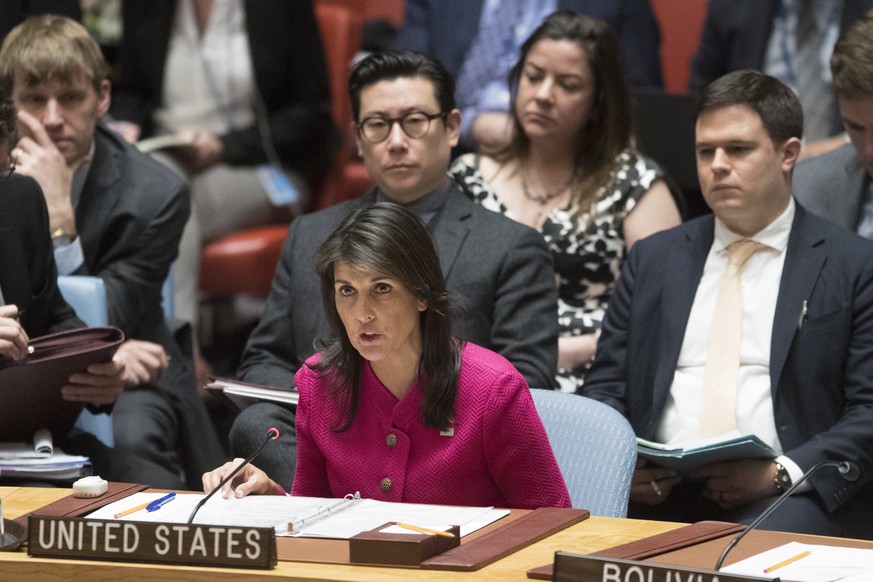 American Ambassador to the United Nations Nikki Haley speaks during a Security Council meeting on the situation between Britain and Russia, Wednesday, April 18, 2018 at United Nations headquarters. (A ...