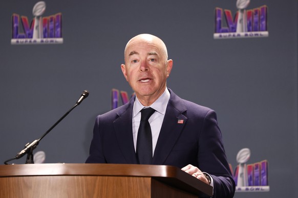 epa11134930 U.S. Secretary of Homeland Security Alejandro Mayorkas speaks during the Super Bowl Public Safety press conference at the Super Bowl media center in Las Vegas, Nevada, U.S., February 7, 2024. ...