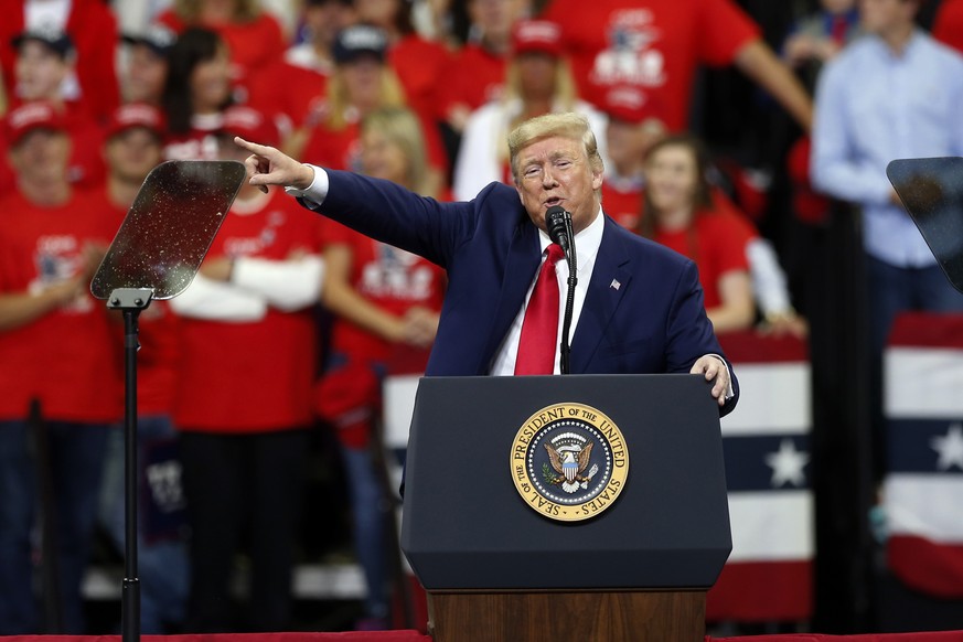 President Donald Trump speaks at a campaign rally Thursday, Oct. 10, 2019, in Minneapolis. (AP Photo/Jim Mone)
Donald Trump