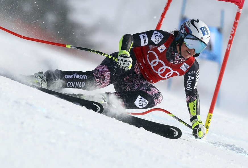 Liechtenstein&#039;s Tina Weirather speeds down the course during a women&#039;s super-G at the alpine ski World Cup finals in Are, Sweden, Thursday, March 15, 2018. (AP Photo/Alessandro Trovati)