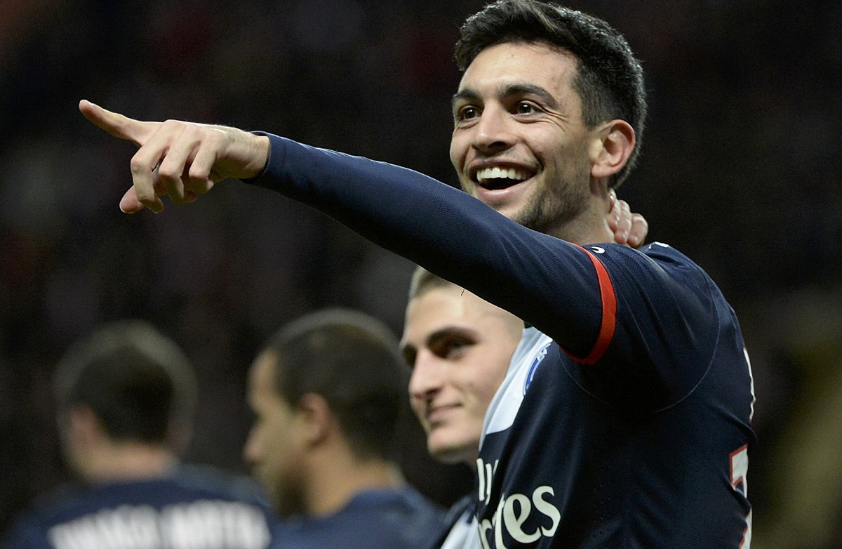Paris Saint-Germain's Javier Pastore celebrates after scoring against Monaco during their French Ligue 1 soccer match at the Louis II stadium in Monaco, February 9, 2014. REUTERS/Olivier Anrigo ( ...