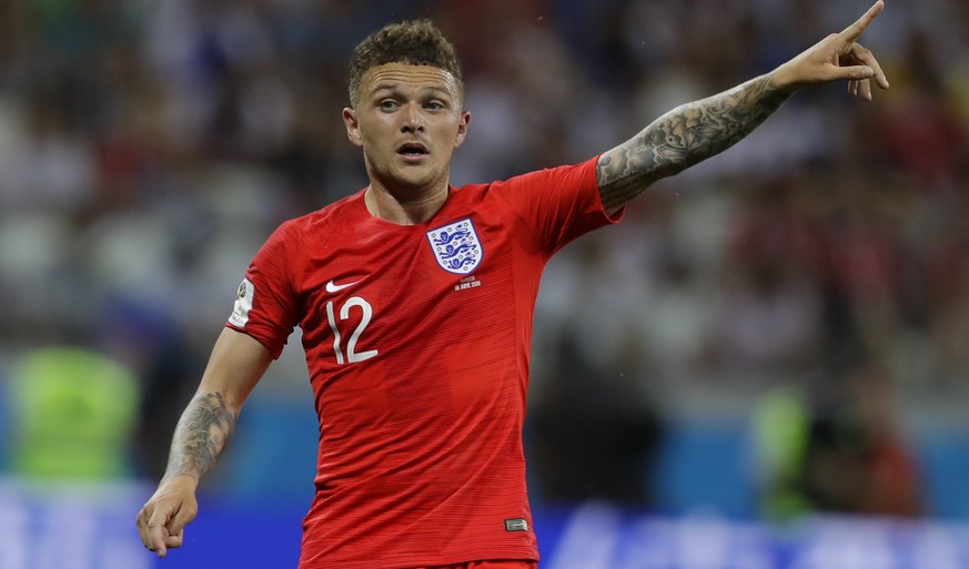 England&#039;s Kieran Trippier points during the group G match against Tunisia at the 2018 soccer World Cup in the Volgograd Arena in Volgograd, Russia, Monday, June 18, 2018. (AP Photo/Alastair Grant ...