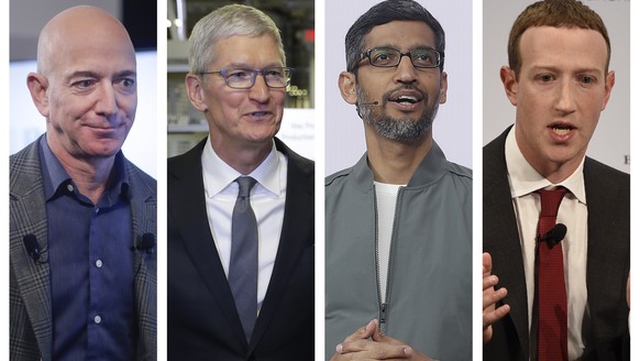 FILE - This file combination of 2019-2020 photos shows Amazon CEO Jeff Bezos, Apple CEO Tim Cook, Google CEO Sundar Pichai and Facebook CEO Mark Zuckerberg.