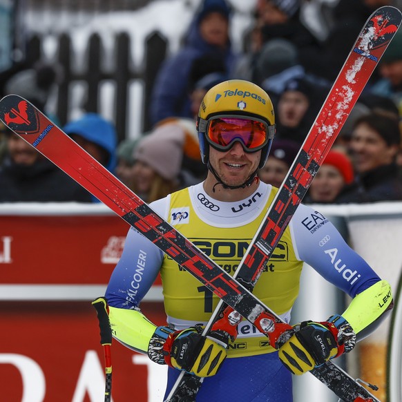 Italy&#039;s Mattia Casse gets to the finish area after completing an alpine ski, men&#039;s World Cup Super-G in Val Gardena, Italy, Friday, Dec. 20, 2024. (AP Photo/Alessandro Trovati)