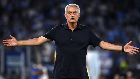 epa09490241 Roma's head coach Jose Mourinho reacts during the Italian Serie A soccer match between SS Lazio and AS Roma at the Olimpico stadium in Rome, Italy, 26 September 2021. EPA/Riccardo Antimian ...