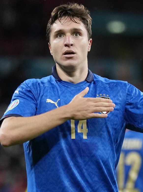 Italy's Federico Chiesa celebrates after scoring his side's opening goal during the Euro 2020 soccer championship round of 16 match between Italy and Austria at Wembley stadium in London, Saturday, Ju ...