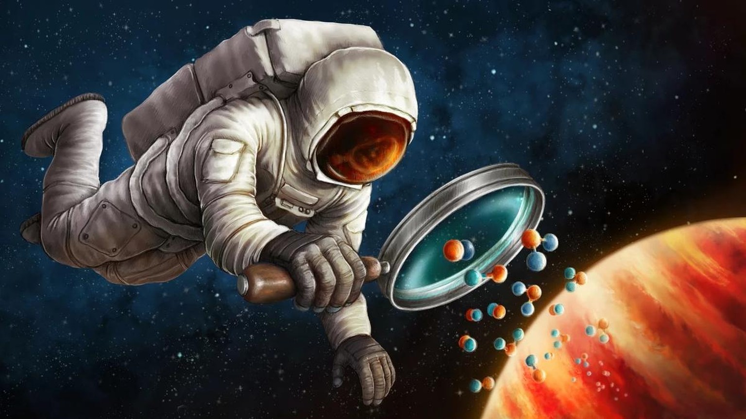 Illustration: Astronaut untersucht Atome über einem Exoplaneten
https://artsource.nl/